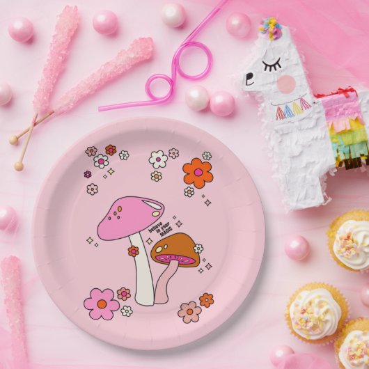Retro-farbige Pilze und Blume rosa Pappteller (Party)