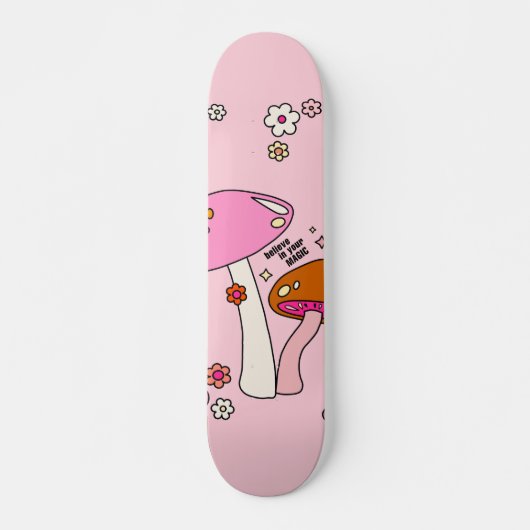Retro-farbige Pilze und Blume rosa Skateboard (Vorne)