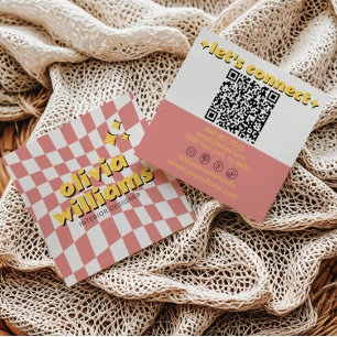 Retro Farbiger Fetter QR-Code Groovy Karierter Boh Quadratische Visitenkarte