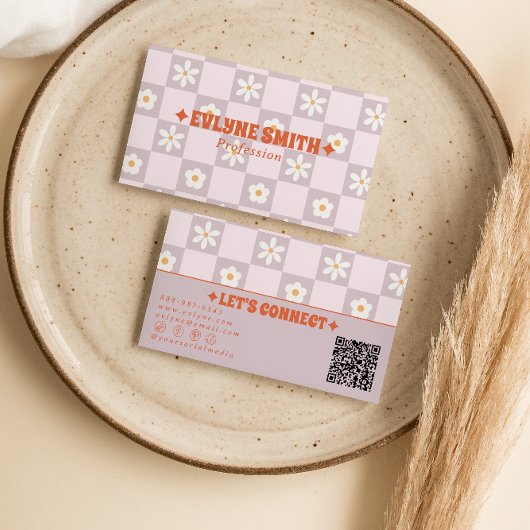 Retro-farbiger QR-Code-Schachbrett-Blumen-Spaß Visitenkarte