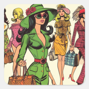 Retro Fashion Girls Comic Quadratischer Aufkleber