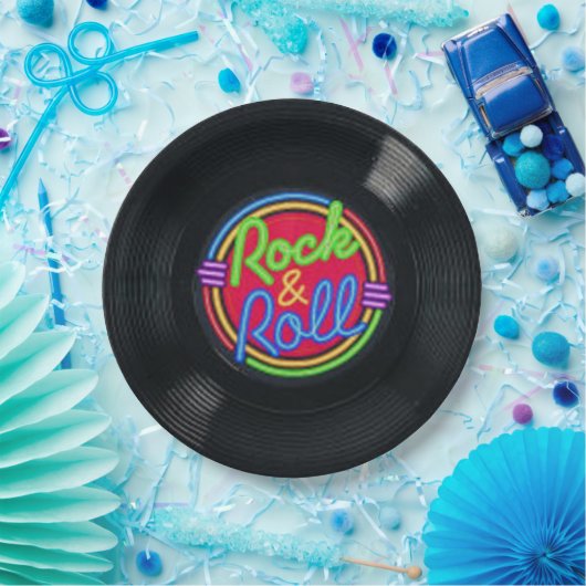 Retro Felsen-u. Rollenvinylpapier-Teller Pappteller (Party)