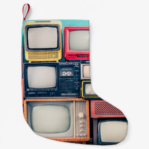 Retro-Fernsehempfänger-Set aus den 60er, 70er und Kleiner Weihnachtsstrumpf