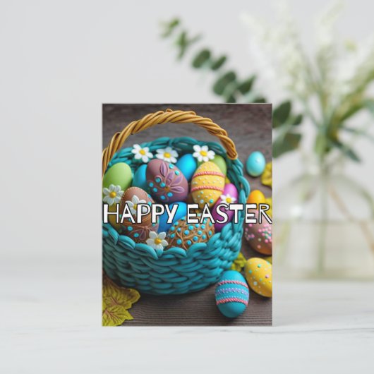 Retro Festive Basket Of Easter Eggs Postkarte (Stehend Vorderseite)