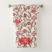 Retro Festive Red Candy Cane Muster Monogramm Badhandtuch Set (Insitu)