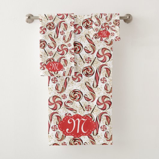 Retro Festive Red Candy Cane Muster Monogramm Badhandtuch Set (Insitu)