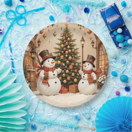 Retro Festive Snowmans und Weihnachtsbaum Pappteller (Party)