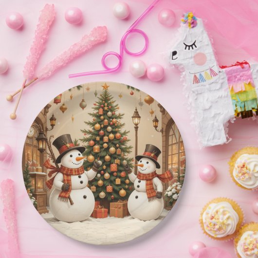 Retro Festive Snowmans und Weihnachtsbaum Pappteller (Party)