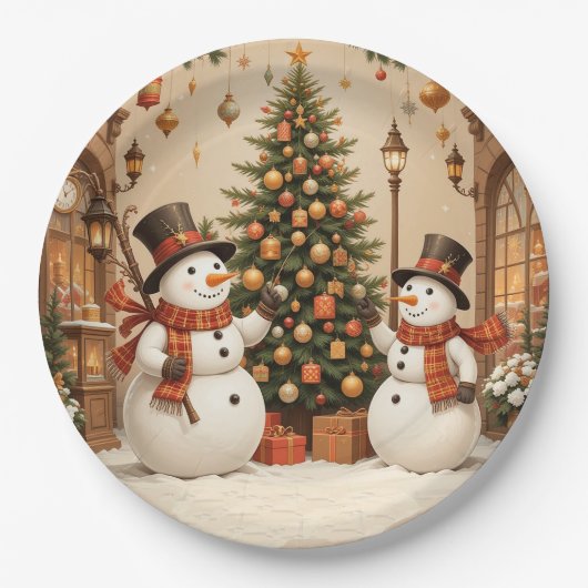 Retro Festive Snowmans und Weihnachtsbaum Pappteller (Vorderseite)