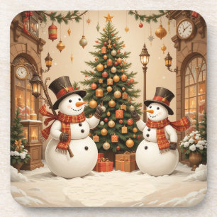 Retro-festiver Schneemann und Weihnachtsbaum Getränkeuntersetzer