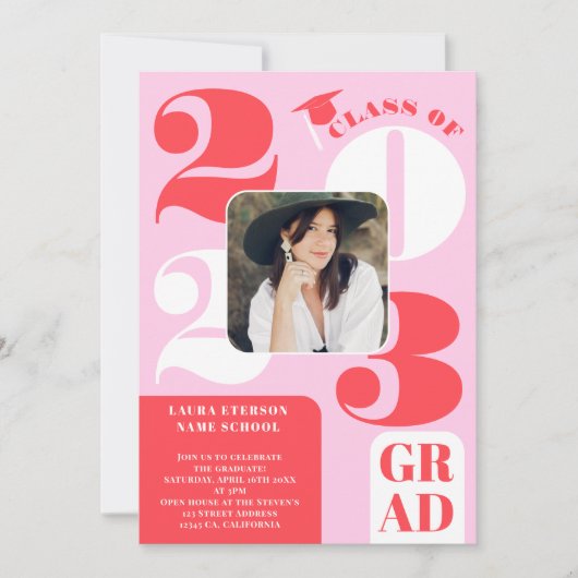 Retro fett 2023 rosa rot 5 Foto Abschluss Einladung (Vorderseite)