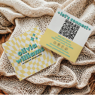 Retro fetter QR-Code groovy kariert Boho trendy Quadratische Visitenkarte