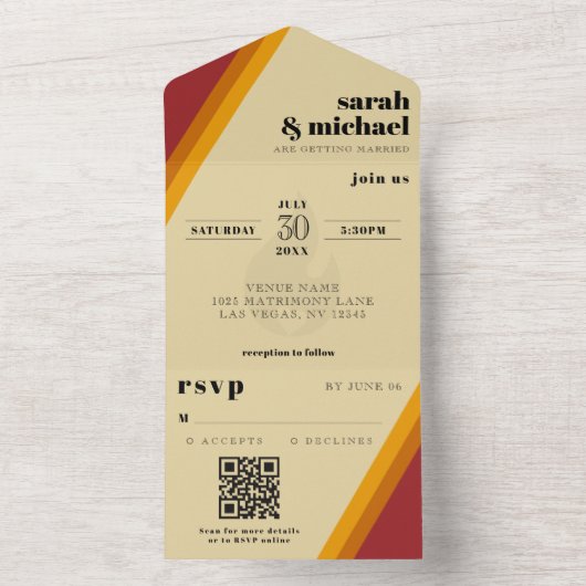 Retro-Feuerherz gestreift Hochzeitsempfang All In One Einladung (Innen Boden)