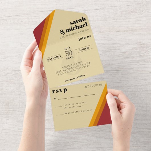 Retro-Feuerherz gestreift Hochzeitsempfang All In One Einladung (Abreißen)