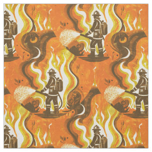 Retro-Feuerwehrmann und Flammen in Orange und Gelb Stoff