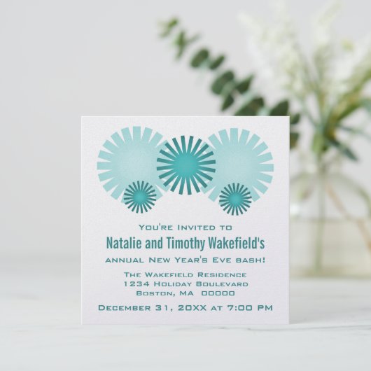 Retro-Feuerwerk Neujahr einladen, Aquamarin Einladung (Stehend Vorderseite)