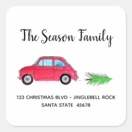 Retro Fiat 500 mit Weihnachtsbaum Wasserfarbe Quadratischer Aufkleber