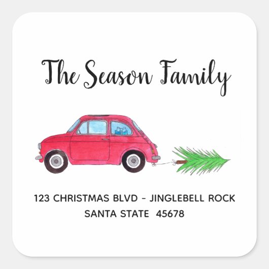 Retro Fiat 500 mit Weihnachtsbaum Wasserfarbe Quadratischer Aufkleber (Vorderseite)