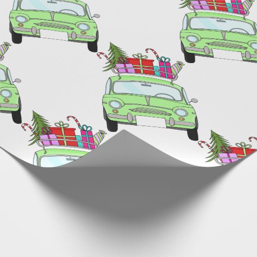 Retro Fiat 500 mit Weihnachtsgeschenken Geschenkpapier (Ecke)