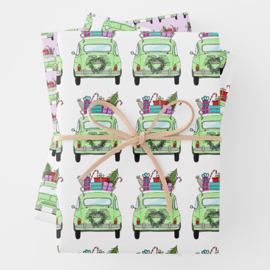Retro Fiat 500 mit Weihnachtsgeschenken Geschenkpapier Set (Beispiel)
