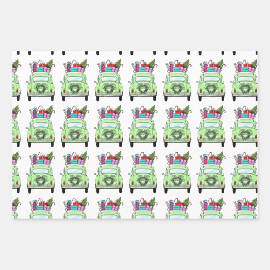 Retro Fiat 500 mit Weihnachtsgeschenken Geschenkpapier Set (Vorderseite)