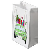 Retro Fiat 500 mit Weihnachtsgeschenken Kleine Geschenktüte (Rückseite Schrägansicht)