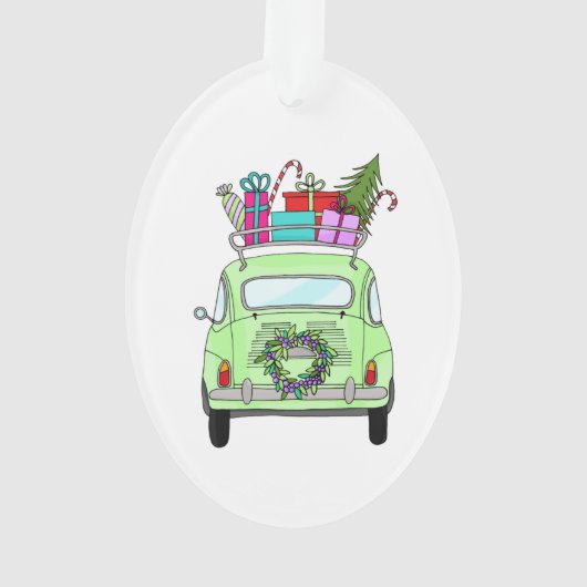 Retro Fiat 500 mit Weihnachtsgeschenken Ornament (Rückseite)