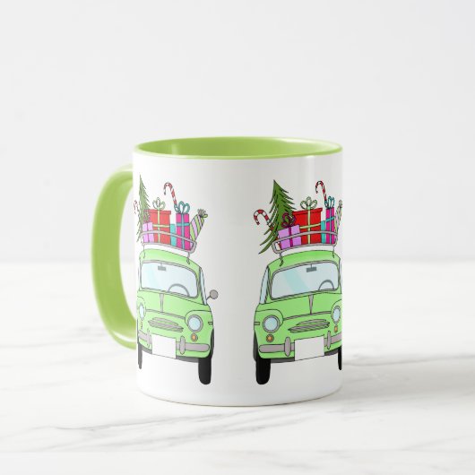 Retro Fiat 500 mit Weihnachtsgeschenken Tasse (Vorderseite Links)