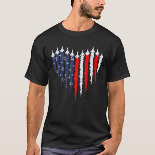 Retro Fighter Jet Airplane American Flag Heart 4th T-Shirt (Vorderseite)