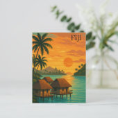 Retro Fiji Tropical Ocean Bungalows Sunset View Postkarte (Stehend Vorderseite)