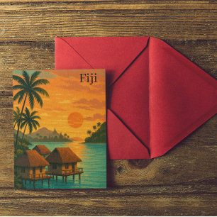 Retro Fiji Tropical Ocean Bungalows Sunset View Postkarte