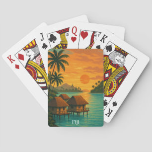Retro Fiji Tropical Ocean Bungalows Sunset View Spielkarten