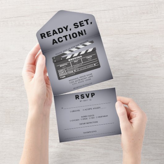 Retro Film Clap Board Gray Wedding All In One Einladung (Abreißen)