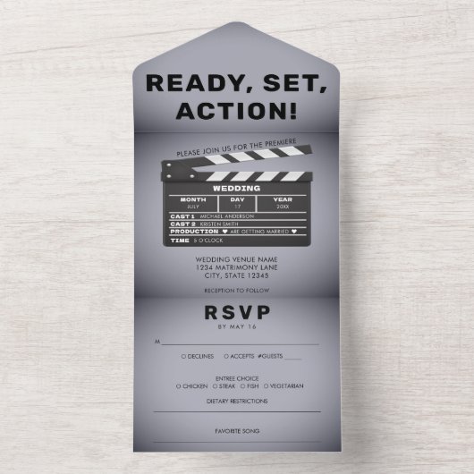 Retro Film Clap Board Gray Wedding All In One Einladung (Innen Boden)