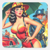 Retro Firefighter Girl Quadratischer Aufkleber (Vorderseite)