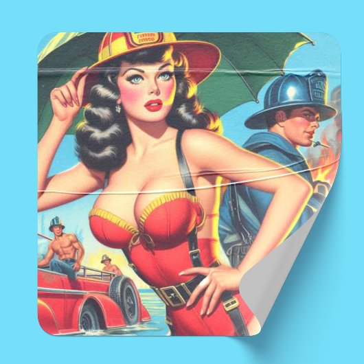 Retro Firefighter Girl Quadratischer Aufkleber