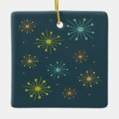 Retro Fireworks Sternexplosionen Dunkles blaues Mi Keramikornament (Vorderseite)