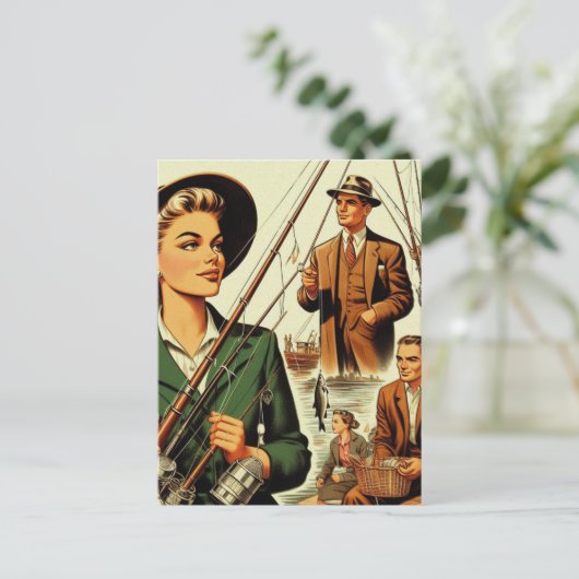 Retro-Fischerei-Illustration Postkarte (Stehend Vorderseite)