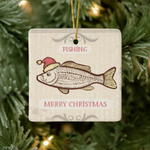 Retro-Fischfang Weihnachtsfisch in Weihnachtsmannm Keramikornament