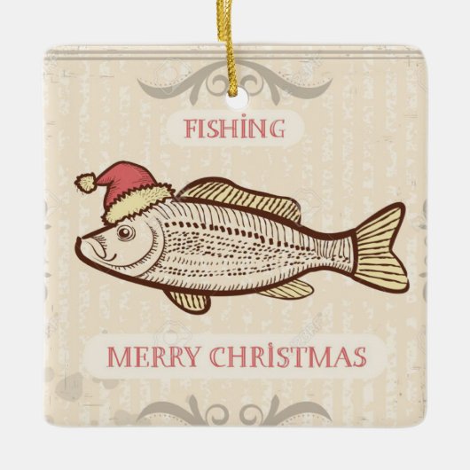 Retro-Fischfang Weihnachtsfisch in Weihnachtsmannm Keramikornament (Vorderseite)