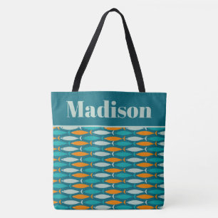 Retro Fish Muster Türkis Küste Personalisiert Tasche
