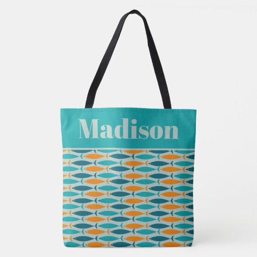 Retro Fish Muster Türkis Orange Personalisiert Tasche (Vorderseite)