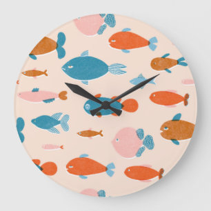 Retro Fish: Risograph Style Pattern Große Wanduhr