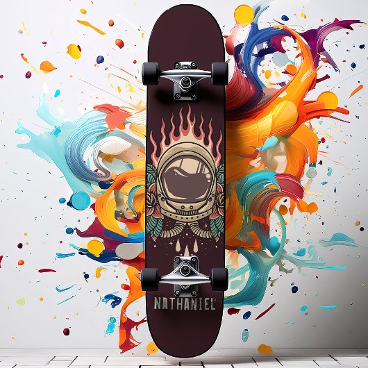 Retro Flaming Astronaut Rose Personalisiert Name Skateboard