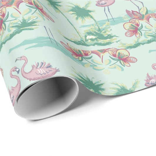 Retro Flamingo Island Wrapping Paper Geschenkpapier (Rolleneckpunkt)