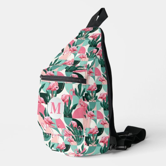 Retro Flamingo Mit Monogramm Crossbody Bag (Rechte Ecke)