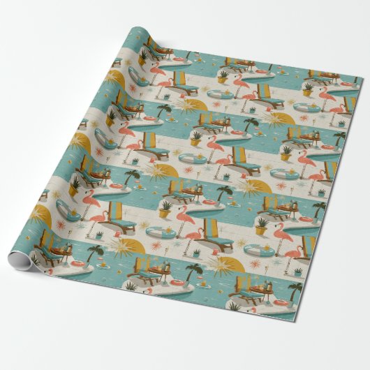 Retro-Flamingo-Poolside-Sommer-Muster (10) Geschenkpapier (Ungerollt)