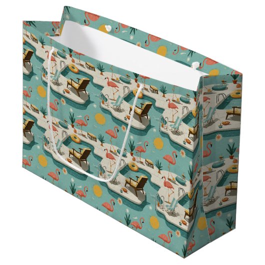 Retro-Flamingo-Poolside-Sommer-Muster (1) Große Geschenktüte (Vorderseite Schrägansicht)