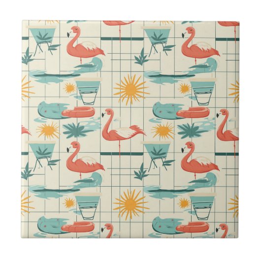 Retro-Flamingo-Poolside-Sommer-Muster (3) Fliese (Vorderseite)