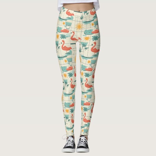 Retro-Flamingo-Poolside-Sommer-Muster (3) Leggings (Vorderseite)